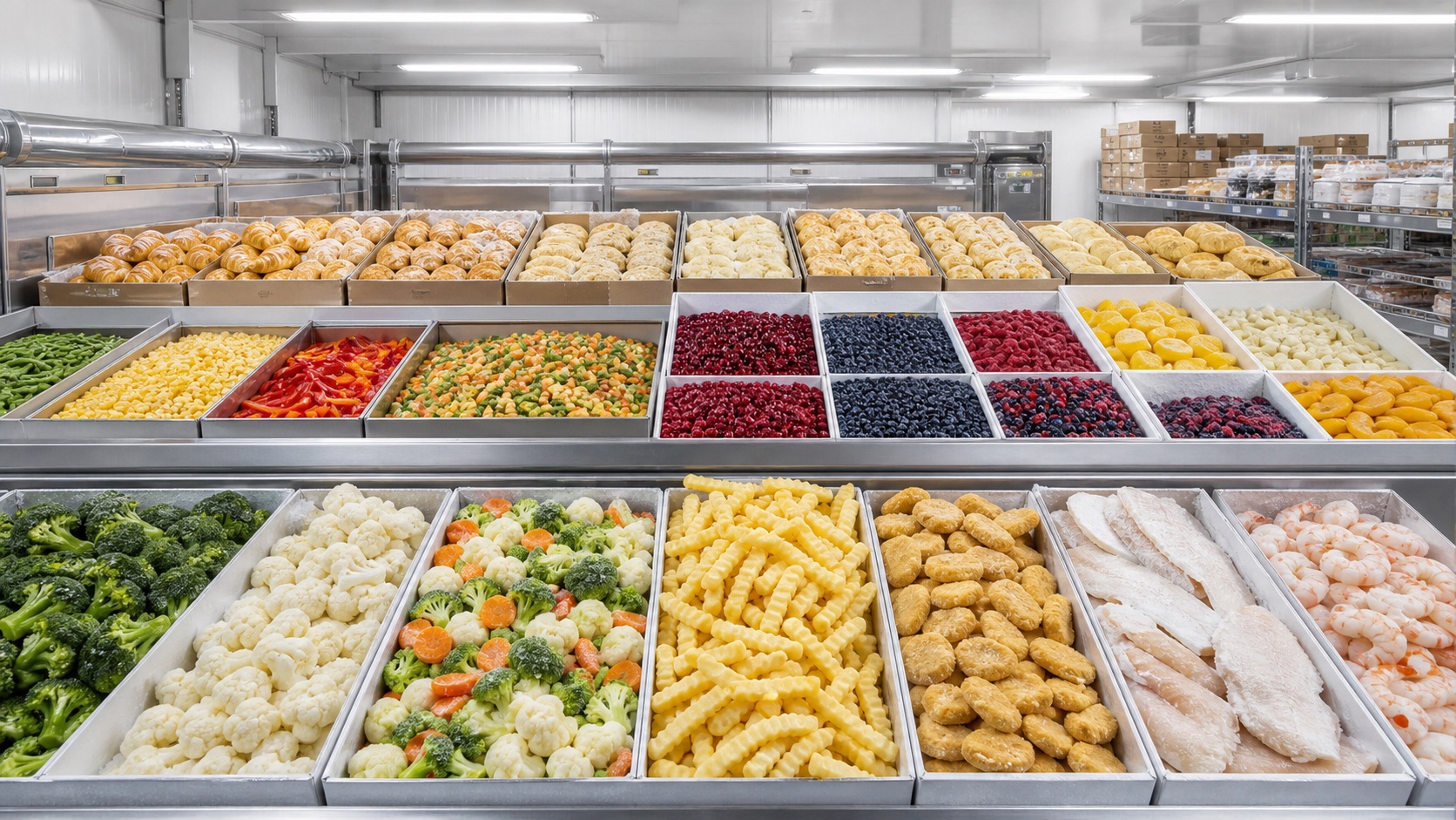 Bright commercial frozen-food display with vegetables, fruit, chips, pastries, seafood and ready-to-cook products